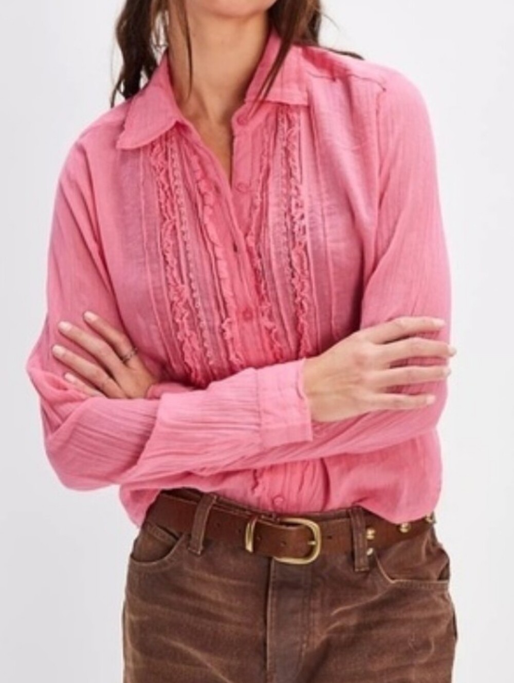 Free People FP One Drew Tuxedo Ruffle Gauze Button Down Shirt